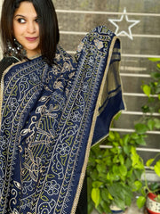 Navy Blue Printed Bandhej Dupatta with Gotapatti Work