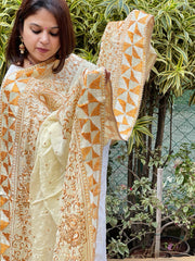 Cream with Lime Tinge Handmade Phulkari Dupatta in Pure Chinon with Gotapatti Handwork