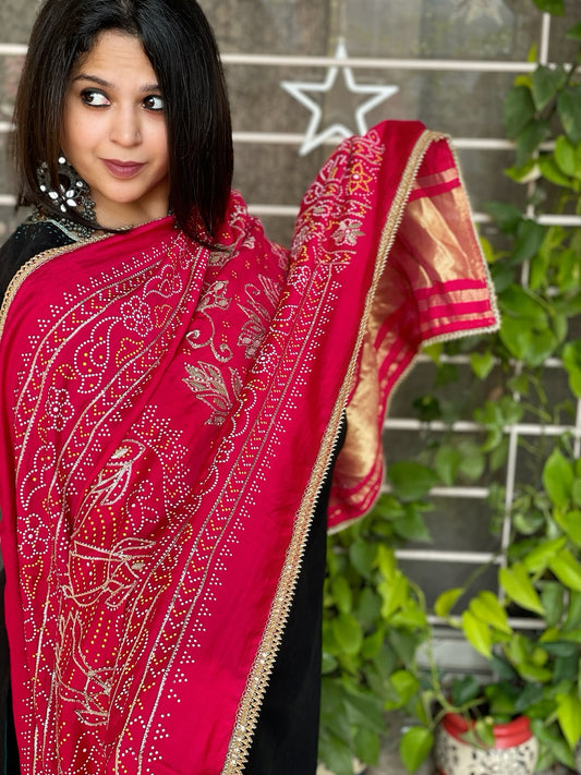 Reddish Pink Printed Bandhej Dupatta with Gotapatti Work