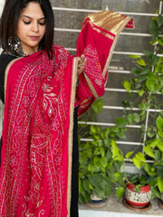 Reddish Pink Printed Bandhej Dupatta with Gotapatti Work