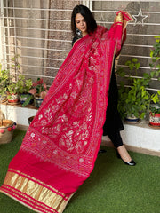 Reddish Pink Printed Bandhej Dupatta with Gotapatti Work