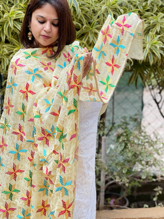 White Handmade Desginer Phulkari Dupatta in Pure Chinon