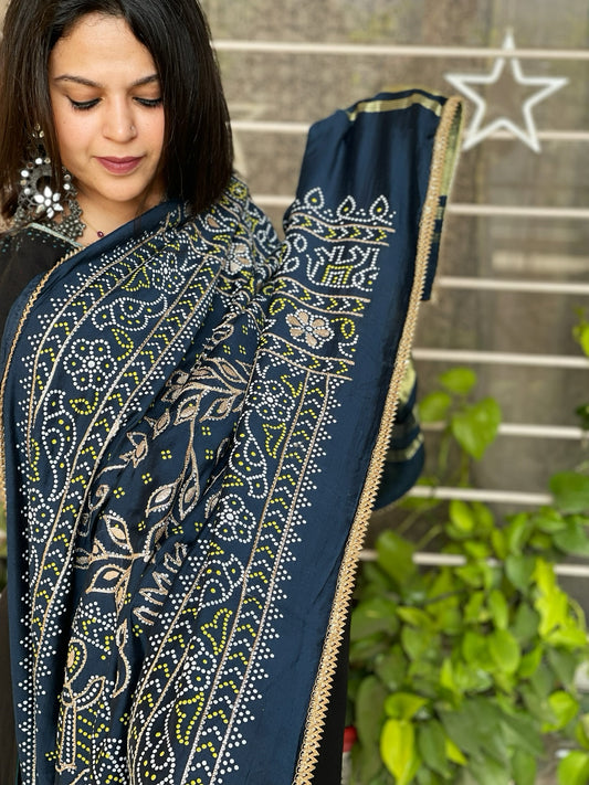 Teal Printed Bandhej Dupatta with Gotapatti Work