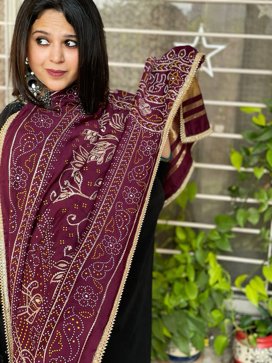 Wine Maroon Printed Bandhej Dupatta with Gotapatti Work