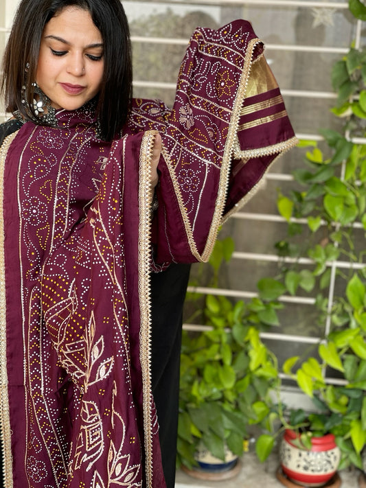 Wine Maroon Printed Bandhej Dupatta with Gotapatti Work