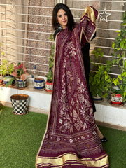 Wine Maroon Printed Bandhej Dupatta with Gotapatti Work