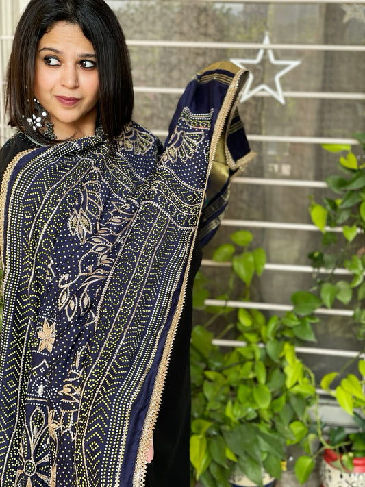 Navy Blue Printed Bandhej Dupatta with Gotapatti Work