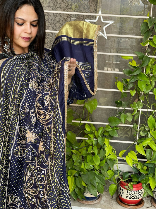 Navy Blue Printed Bandhej Dupatta with Gotapatti Work