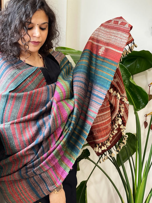 Handwoven Bhujodi Shawl in Pure Tussar and Wool