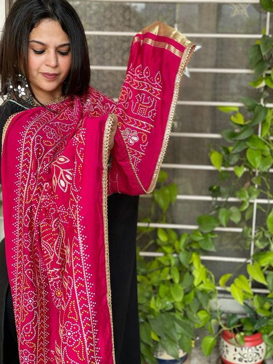 Pink Printed Bandhej Dupatta with Gotapatti Work