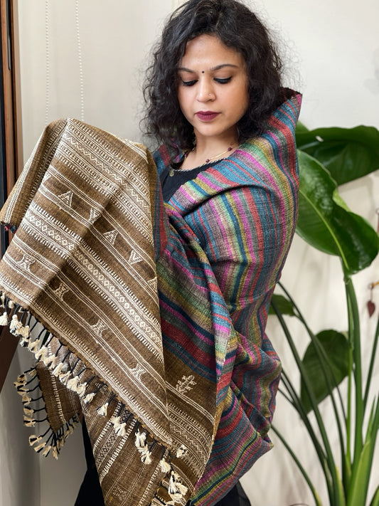 Handwoven Bhujodi Shawl in Pure Tussar and Wool