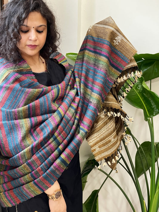 Handwoven Bhujodi Shawl in Pure Tussar and Wool