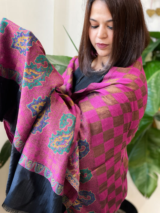 Magenta Pink Woven Pashmina Zari Shawl with Kaani Pallu