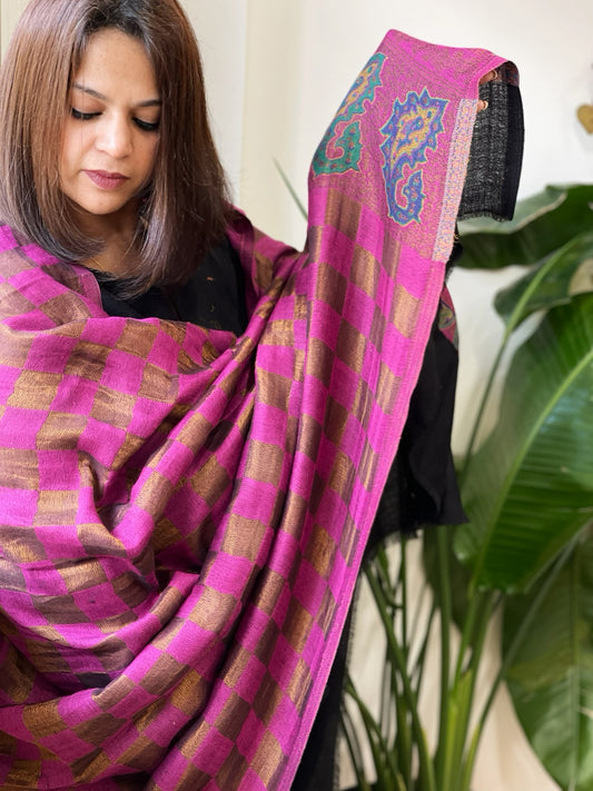 Magenta Pink Woven Pashmina Zari Shawl with Kaani Pallu