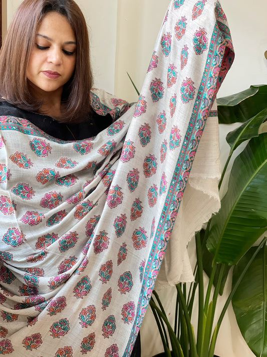 Lite Grey Woven Pashmina Shawl with Kaani Butas