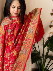 Red Rai Bandhej Dupatta with Meenakari Jaal design in Georgette