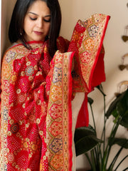 Red Rai Bandhej Dupatta with Meenakari Jaal design in Georgette