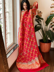 Red Rai Bandhej Dupatta with Meenakari Jaal design in Georgette