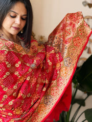 Red Rai Bandhej Dupatta with Meenakari Jaal design in Georgette