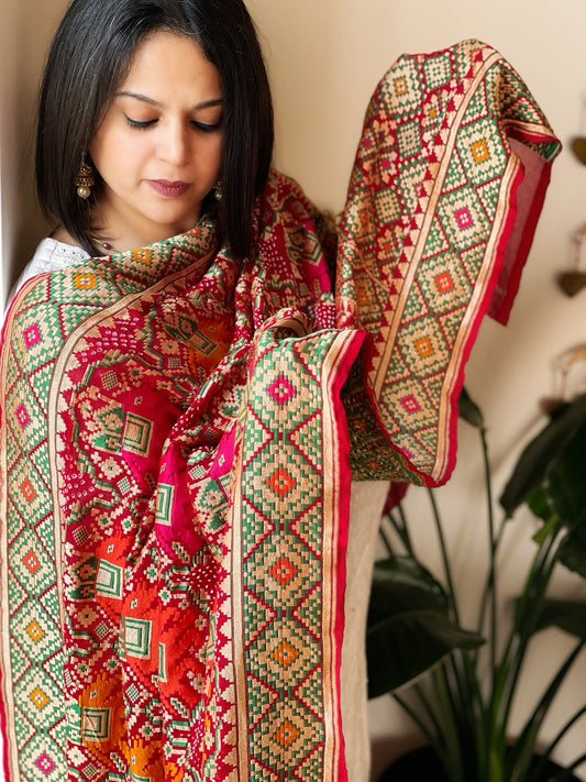 Red Rai Bandhej Dupatta with Meenakari Jaal design in Georgette