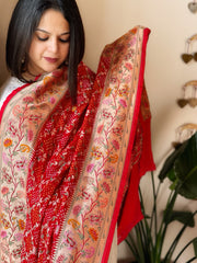 Red Rai Bandhej Dupatta with Meenakari Jaal design in Georgette