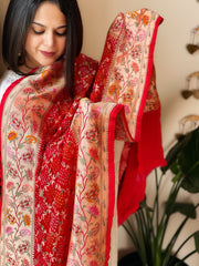 Red Rai Bandhej Dupatta with Meenakari Jaal design in Georgette