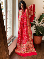 Red Rai Bandhej Dupatta with Meenakari Jaal design in Georgette