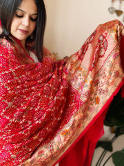 Red Rai Bandhej Dupatta with Meenakari Jaal design in Georgette