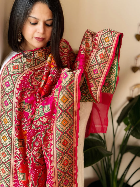 Pink Rai Bandhej Dupatta with Meenakari Jaal design in Georgette