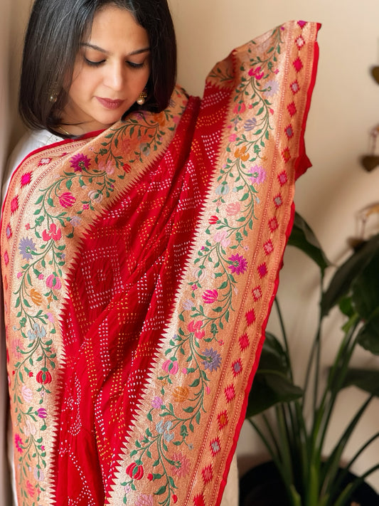 Red Rai Bandhej Dupatta with Meenakari Jaal design in Georgette