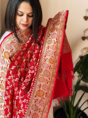 Red Rai Bandhej Dupatta with Meenakari Jaal design in Georgette