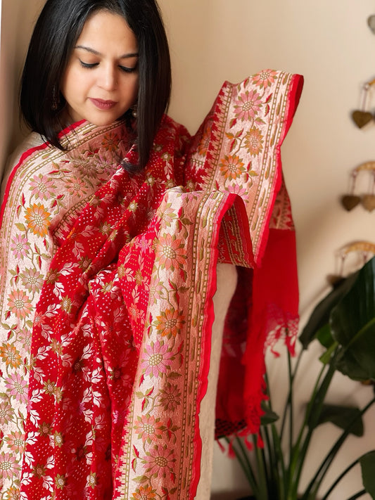 Red Rai Bandhej Dupatta with Meenakari Jaal design in Georgette