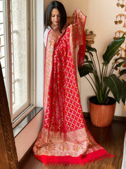 Red Rai Bandhej Dupatta with Meenakari Jaal design in Georgette