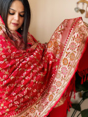 Red Rai Bandhej Dupatta with Meenakari Jaal design in Georgette