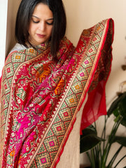 Pink, Red Rai Bandhej Dupatta with Meenakari Jaal design in Georgette