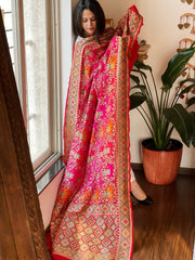 Pink, Red Rai Bandhej Dupatta with Meenakari Jaal design in Georgette