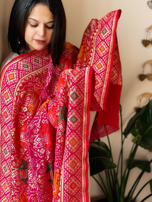 Pink, Orange Rai Bandhej Dupatta with Meenakari Jaal design in Georgette