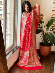 Red Rai Bandhej Dupatta with Meenakari Jaal design in Georgette