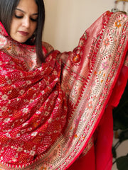 Red Rai Bandhej Dupatta with Meenakari Jaal design in Georgette