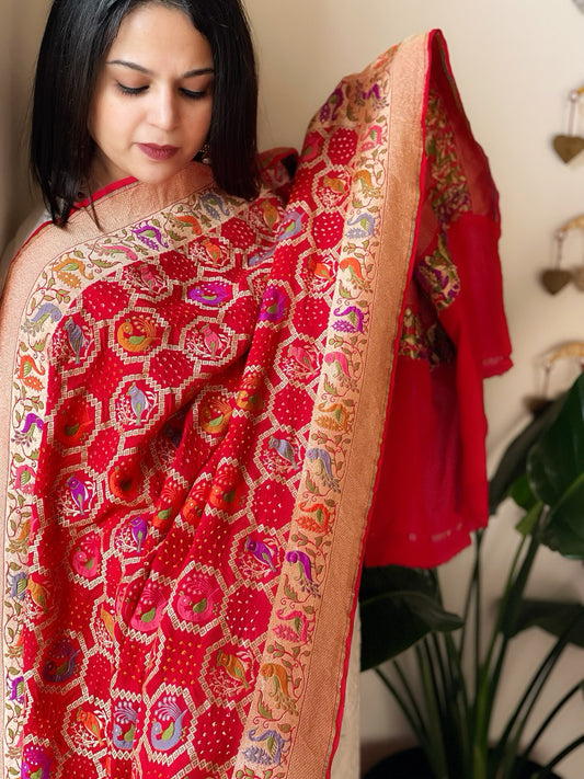 Red Rai Bandhej Dupatta with Meenakari Jaal design in Georgette