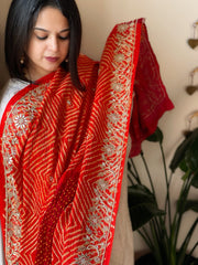 Orange, Red Rai Bandhej Dupatta with Dabka and Gotapatti Handwork in Silk