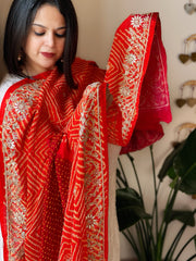 Orange, Red Rai Bandhej Dupatta with Dabka and Gotapatti Handwork in Silk