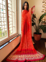 Orange, Red Rai Bandhej Dupatta with Dabka and Gotapatti Handwork in Silk