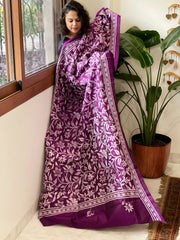 Purple Handmade Nakshi Kantha Dupatta in Pure Silk