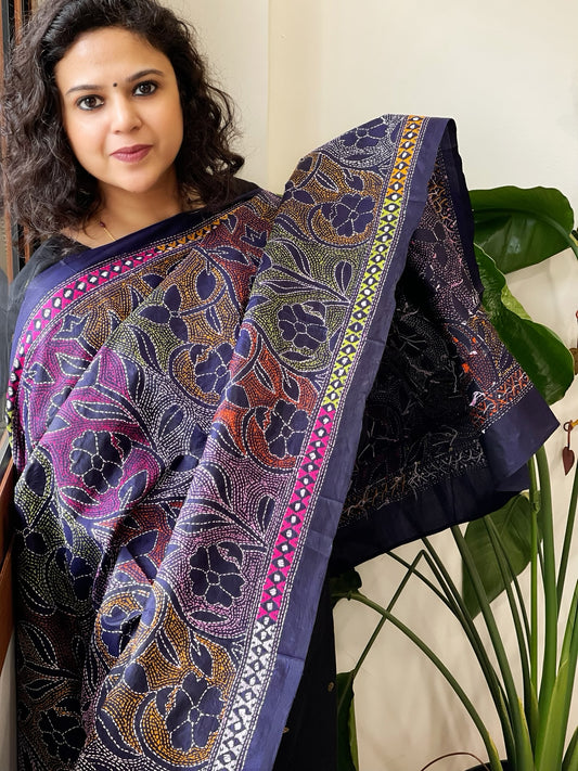 Deep Blue Handmade Reverse Nakshi Kantha Dupatta in Pure Silk