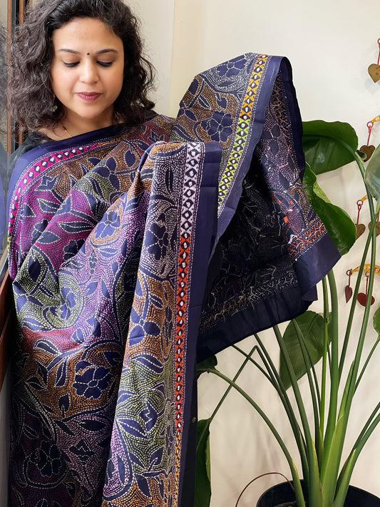 Deep Blue Handmade Reverse Nakshi Kantha Dupatta in Pure Silk