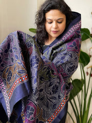 Deep Blue Handmade Reverse Nakshi Kantha Dupatta in Pure Silk