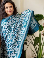 Blue Handmade Nakshi Kantha Dupatta in Pure Silk