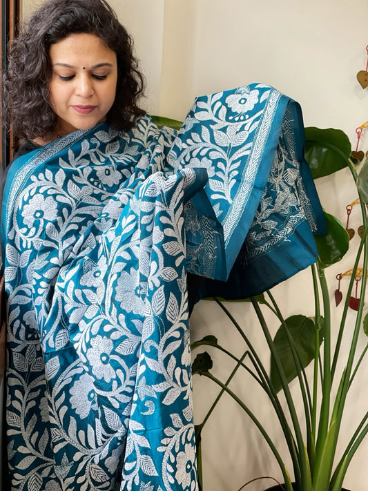 Blue Handmade Nakshi Kantha Dupatta in Pure Silk