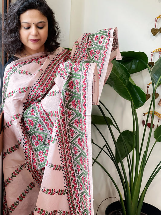 Light Skin Handmade Nakshi Kantha Dupatta in Pure Silk